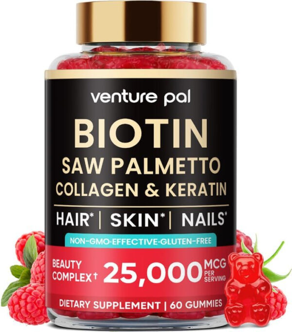68949058db218576771abfb6b4c13c909f83967cd22c05c6251fe.jpg Venture Pal Biotin Gummies with Collagen & Keratin - Hair Growth Support Skin and Nail Strength Vitamins for Women & Men - Biotin 10000mcg | B-Complex | Saw Palmetto - Sugar Free, Non-GMO, 60ct
