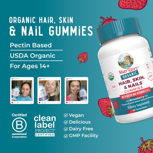 MaryRuth Organics Hair | Skin | and Nails Vitamins | Biotin Gummies with Vitamin C & Vitamin E | Hair Growth Vitamins | Skin Care | Nail Strength | USDA Organic Gummies for Ages 14+ | 60 Count