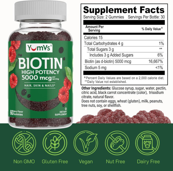 689490e31a23201277454b826524db3ea5a4889aa139b06013463.jpg YumVs Biotin Gummies 5000mcg - Luscious Raspberry Flavor - Thicker Faster Hair Growth Gummies for Women or Men - Hair, Skin & Nails Vitamins - Hair Gummy - Vegetarian Biotin Supplement (60 Ct., 2pk)