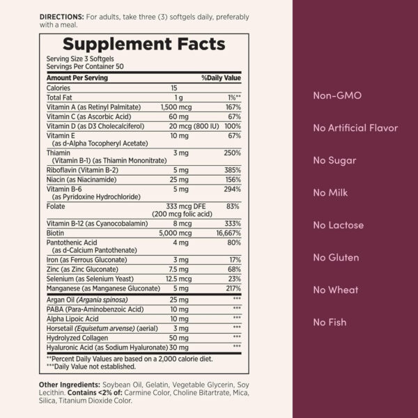 Nature's Bounty Advanced Hair, Skin & Nails, Argan-Infused Vitamin Supplement with Biotin and Hyaluronic Acid, 150 Rapid Release Softgels, 50 Total Servings