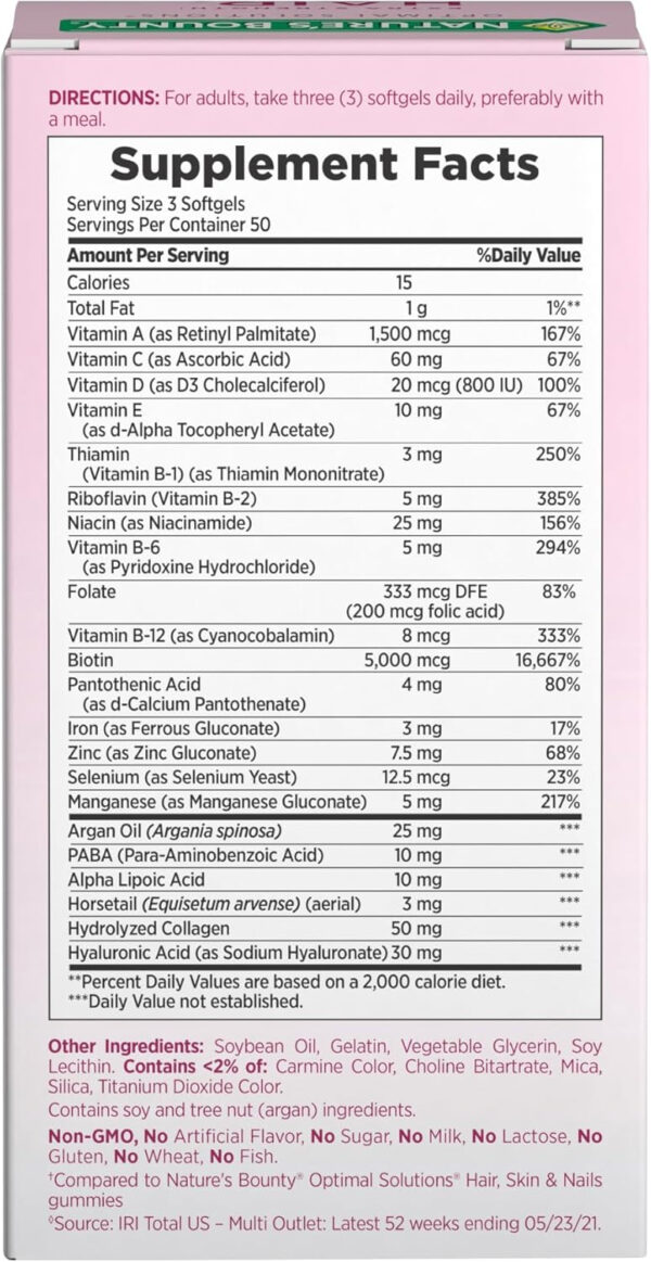 Nature's Bounty Advanced Hair, Skin & Nails, Argan-Infused Vitamin Supplement with Biotin and Hyaluronic Acid, 150 Rapid Release Softgels, 50 Total Servings