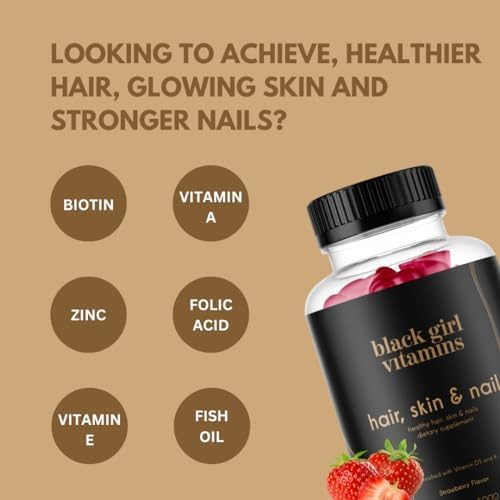 Black Girl Vitamins - Hair, Skin, and Nails Gummies with Biotin (6000 mcg), Zinc, Gelatin Free, Vitamin A, and Vitamin E - Gluten-Free. Made in The USA (Strawberry, 60 Count) 30 Day Supply