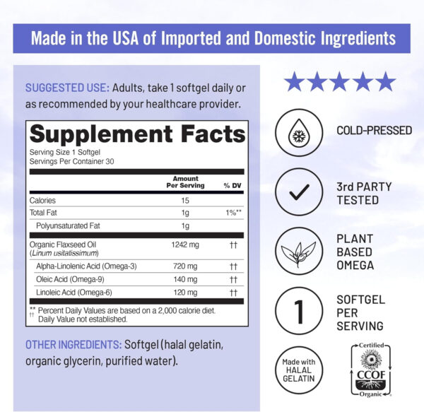 NatureWise Flaxseed Oil 1200 mg, Fish Free Omega 3 6 9 with 720mg ALA, Dietary Supplement for Heart Health Support - Organic, Cold Pressed, Non-GMO - 30 Softgels[1-Month Supply]