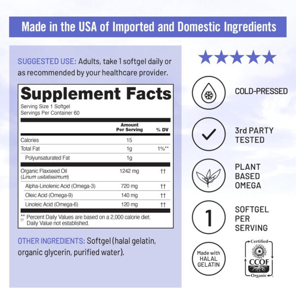 NatureWise Flaxseed Oil 1200 mg, Fish Free Omega 3 6 9 with 720mg ALA, Dietary Supplement for Heart Health Support - Organic, Cold Pressed, Non-GMO - 30 Softgels[1-Month Supply]
