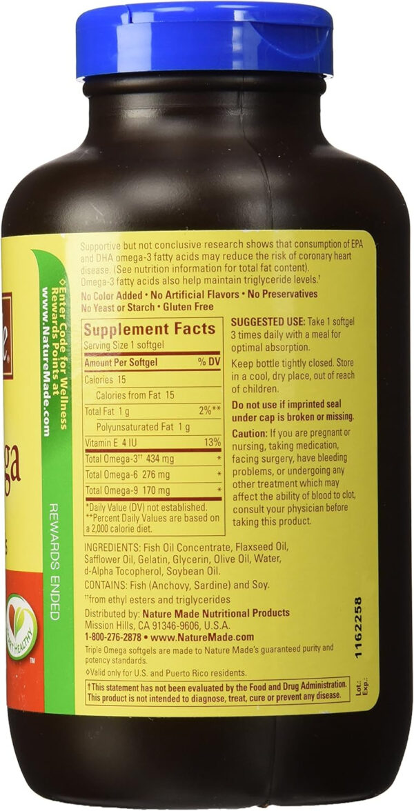 Nature Made Triple Omega 3 6 9 Supplements, Flaxseed, Safflower & Olive Oils, Fish Free Omega 3 Fatty Acid Supplement, 150 Softgels, 75 Day Supply