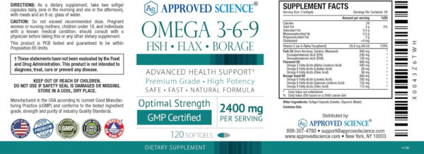 Approved Science Omega 3-6-9-2400mg Daily Blend of Fish, Flaxseed, and Borage Oils with Vitamin E - Wellness Support - Non-GMO, Mercury-Free - 120 Softgels - 2 Month Supply