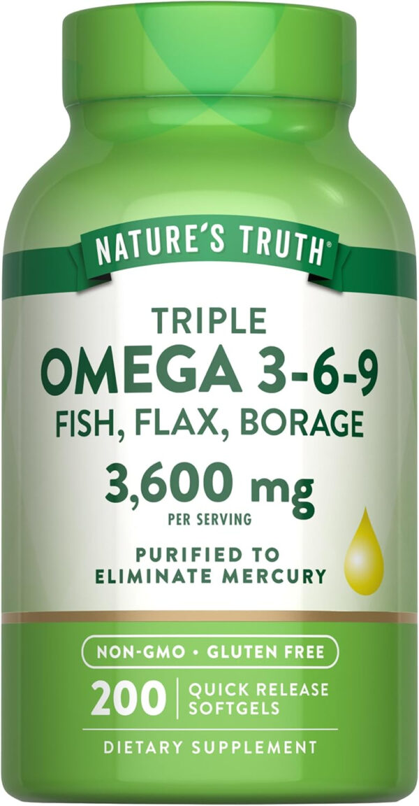 Nature's Truth Triple Omega 3 6 9 | 3600mg | 200 Softgels | Fish, Flax, and Borage Oils | Non-GMO & Gluten Free Supplement