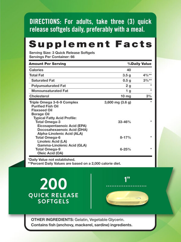 Nature's Truth Triple Omega 3 6 9 | 3600mg | 200 Softgels | Fish, Flax, and Borage Oils | Non-GMO & Gluten Free Supplement