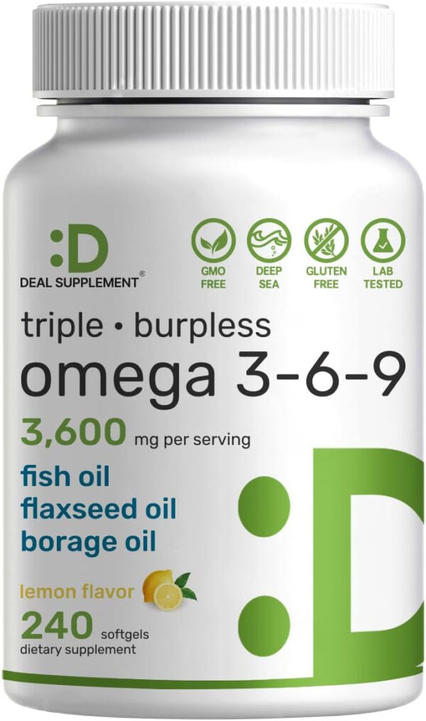 68957e8ee938844c4a2a50ce8a9a6f9fdee12b3f9155233bddde4.jpg Triple Omega 3-6-9 Fish Oil Supplements 3,600mg – 240 Softgels with Flaxseed Oil & Borage Oils Complex – High EPA + DHA – Burpless Pills, Lemon Flavored, Wild Caught – Heart, Joint, & Brain Support