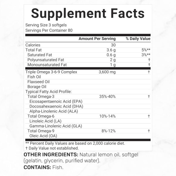 68957e900457293efb928a725213728bec245c06eba0af57a0177.jpg Triple Omega 3-6-9 Fish Oil Supplements 3,600mg – 240 Softgels with Flaxseed Oil & Borage Oils Complex – High EPA + DHA – Burpless Pills, Lemon Flavored, Wild Caught – Heart, Joint, & Brain Support