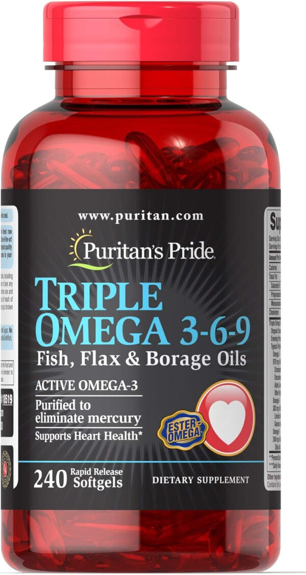 68957ec79282399c2532143cdfd4b3bd0150f840a1000fd9e950b.jpg Puritan's Pride Premium Triple Active Omega 3-6-9 Fish, Flax, and Borage Oils, Dietary Supplement for Heart, Joint, and Cellular Health Support, 240 Rapid Release Softgels