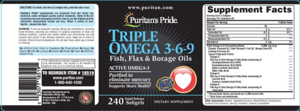 68957ec90965ea7965115c6f46526f1aefd5d888e2bcb71af395a.jpg Puritan's Pride Premium Triple Active Omega 3-6-9 Fish, Flax, and Borage Oils, Dietary Supplement for Heart, Joint, and Cellular Health Support, 240 Rapid Release Softgels
