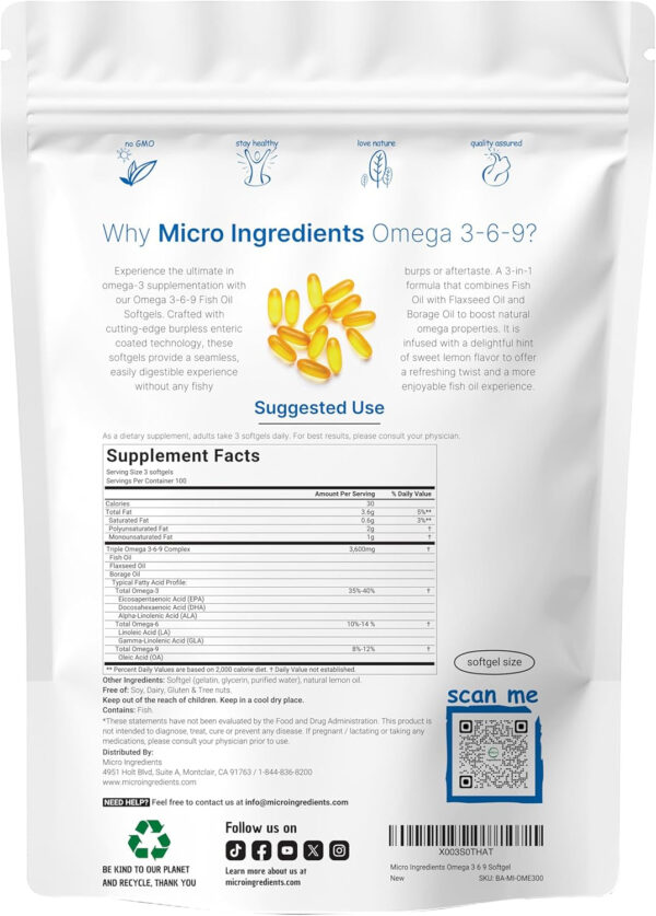 68957f03f2f68136c1012283f65ce860070ec26604df463f91bdb.jpg Ultra Omega 3-6-9 3600mg Per Serving, 300 Burpless Softgels | Lemon Flavor – Blend of Fish, Flaxseed, Borage Oils | Bioavailable Source, Non-GMO, No Gluten, Mercury Free