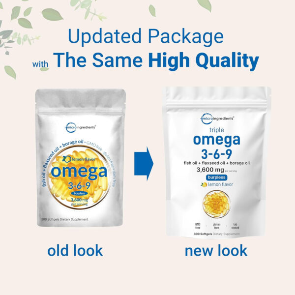 68957f056374ad8891f7179ac74ea2254c5ed04fa47e0ff453d23.jpg Ultra Omega 3-6-9 3600mg Per Serving, 300 Burpless Softgels | Lemon Flavor – Blend of Fish, Flaxseed, Borage Oils | Bioavailable Source, Non-GMO, No Gluten, Mercury Free