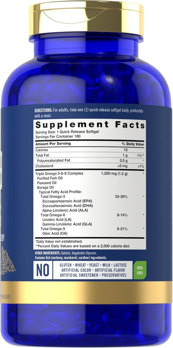 68957f4e87087b387c522003643fae5688023255e30e756135edf.jpg Carlyle Omega 3 6 9 Supplement | 1,200mg | 180 Softgel Capsules | Triple Omega Complex | Fish, Flaxseed & Borage Oils with EPA & DHA | Non-GMO & Gluten Free