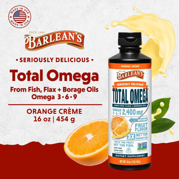 68957fc35bc97ac6d25d7dcb10b558f01240bbc4b8d6a83e027ff.jpg Barlean's Total Omega 3 6 9 Liquid Fish Oil Supplement with Borage and Flaxseed Oil, Orange Crème, 2,400 mg of EPA, DHA and GLA Fatty Acids, 16 oz