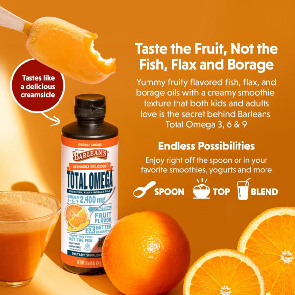 68957fc4ab4b38b80a9df25d39a36c8fbe0fd687d8a1d4a171468.jpg Barlean's Total Omega 3 6 9 Liquid Fish Oil Supplement with Borage and Flaxseed Oil, Orange Crème, 2,400 mg of EPA, DHA and GLA Fatty Acids, 16 oz