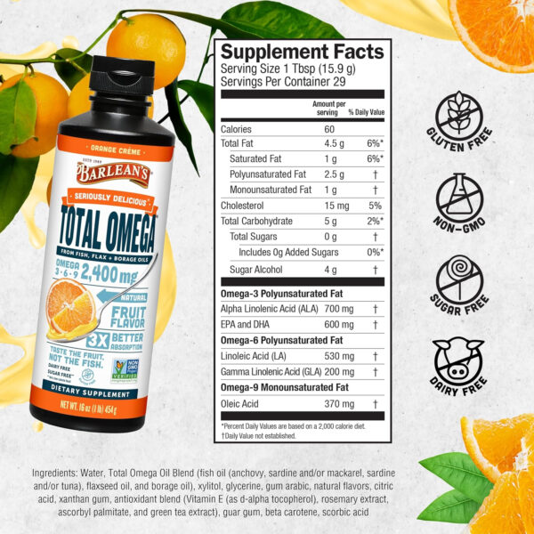 68957fc8d8fb64b4be8a440d617499d7722b58f14f1595b0d53d7.jpg Barlean's Total Omega 3 6 9 Liquid Fish Oil Supplement with Borage and Flaxseed Oil, Orange Crème, 2,400 mg of EPA, DHA and GLA Fatty Acids, 16 oz