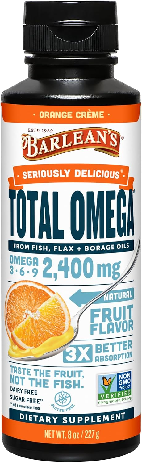 68957fcbaeea703c373bb895e938a041795d50744e9aa2248b197.jpg Barlean's Total Omega 3 6 9 Liquid Fish Oil Supplement with Borage and Flaxseed Oil, Orange Crème, 2,400 mg of EPA, DHA and GLA Fatty Acids, 16 oz