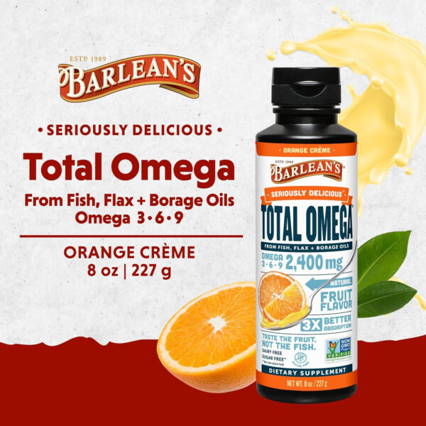 68957fcc779f36e2ea3951cc27db1f888e10fc1bd0413abef0eb2.jpg Barlean's Total Omega 3 6 9 Liquid Fish Oil Supplement with Borage and Flaxseed Oil, Orange Crème, 2,400 mg of EPA, DHA and GLA Fatty Acids, 16 oz