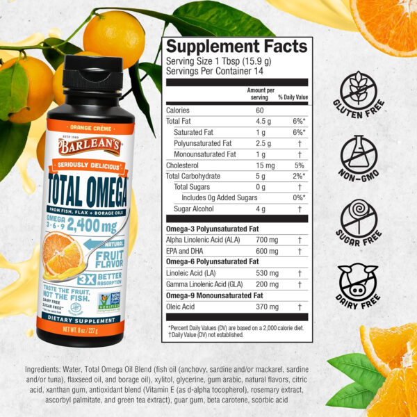 68957fd225d951f7a7be06c550cbc6b769a0878ea57fd410f1028.jpg Barlean's Total Omega 3 6 9 Liquid Fish Oil Supplement with Borage and Flaxseed Oil, Orange Crème, 2,400 mg of EPA, DHA and GLA Fatty Acids, 16 oz