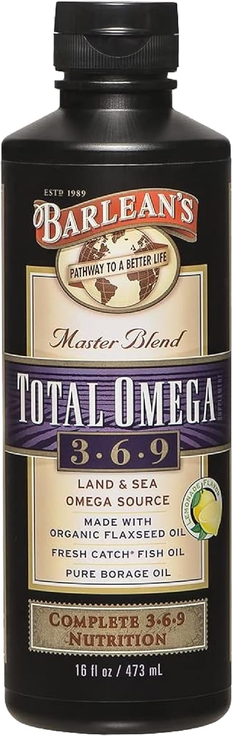 68957fde413fce19d97af41fd509d25fa5b0182d40e1e53714f6d.jpg Barlean's Total Omega 3 6 9 Liquid Fish Oil Supplement with Borage and Flaxseed Oil, Orange Crème, 2,400 mg of EPA, DHA and GLA Fatty Acids, 16 oz