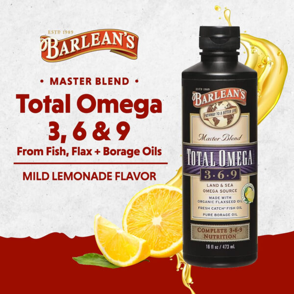 68957fdf34965f613bb6fa2e791e6f3aecd046b23c2182bd90f01.jpg Barlean's Total Omega 3 6 9 Liquid Fish Oil Supplement with Borage and Flaxseed Oil, Orange Crème, 2,400 mg of EPA, DHA and GLA Fatty Acids, 16 oz