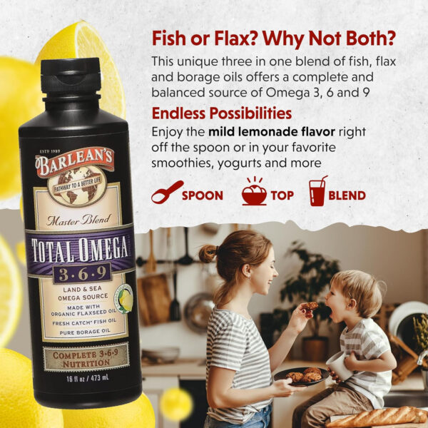 68957fe0b0327d0f9633479feeda50562b2921e056328665fa30b.jpg Barlean's Total Omega 3 6 9 Liquid Fish Oil Supplement with Borage and Flaxseed Oil, Orange Crème, 2,400 mg of EPA, DHA and GLA Fatty Acids, 16 oz