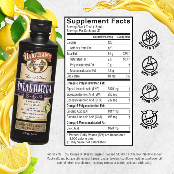 68957fe4d2e0c685487a4316d2bd1c1bb8c3770f5998a01ea820d.jpg Barlean's Total Omega 3 6 9 Liquid Fish Oil Supplement with Borage and Flaxseed Oil, Orange Crème, 2,400 mg of EPA, DHA and GLA Fatty Acids, 16 oz