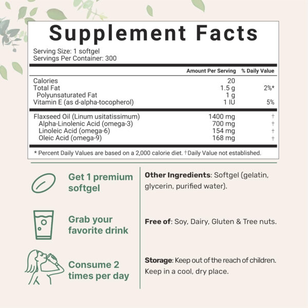 Flaxseed Oil 1400mg Softgels, 300 Counts | w/ 700mg ALA Omega 3, Cold Pressed, Rich in Fatty Acids, Alpha Linolenic Acid, Support Heart Health & Immune System | Non-GMO, No Gluten - 300 Servings