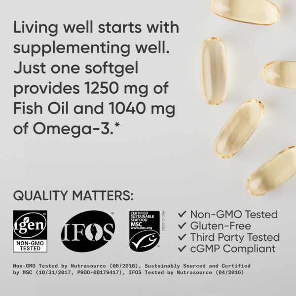 Sports Research Triple Strength Omega 3 Fish Oil - Burpless Fish Oil Supplement w/EPA & DHA Fatty Acids from Single-Source Wild Alaskan Pollock - 1250 mg, 90 ct