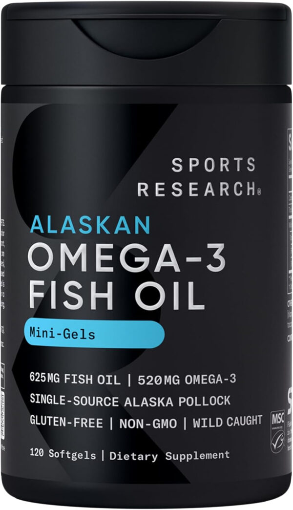 Sports Research Triple Strength Omega 3 Fish Oil - Burpless Fish Oil Supplement w/EPA & DHA Fatty Acids from Single-Source Wild Alaskan Pollock - 1250 mg, 90 ct