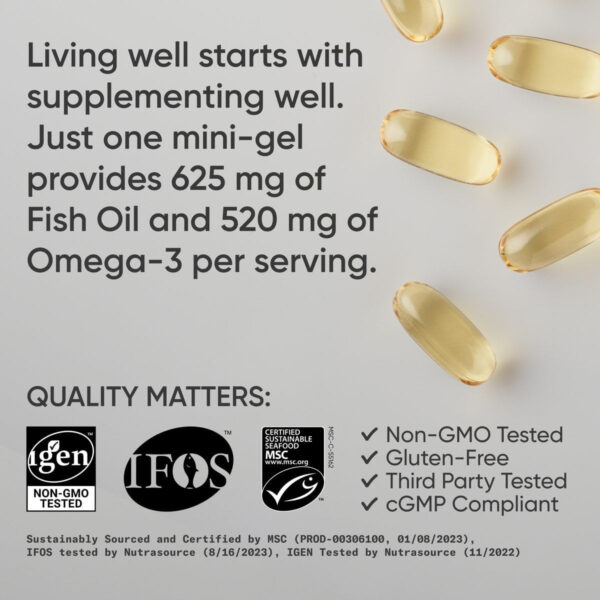 Sports Research Triple Strength Omega 3 Fish Oil - Burpless Fish Oil Supplement w/EPA & DHA Fatty Acids from Single-Source Wild Alaskan Pollock - 1250 mg, 90 ct