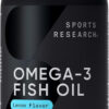 Sports Research Triple Strength Omega 3 Fish Oil - Burpless Fish Oil Supplement w/EPA & DHA Fatty Acids from Single-Source Wild Alaskan Pollock - 1250 mg, 90 ct