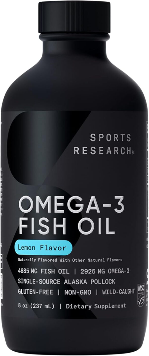 Sports Research Triple Strength Omega 3 Fish Oil - Burpless Fish Oil Supplement w/EPA & DHA Fatty Acids from Single-Source Wild Alaskan Pollock - 1250 mg, 90 ct