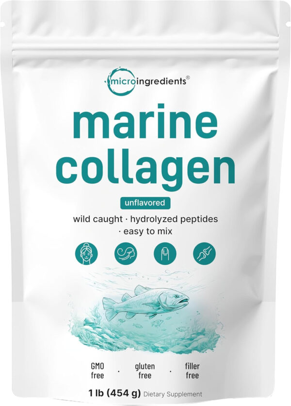 Micro Ingredients Marine Collagen Peptides Powder, 1 lb | Type I Marine Collagen + Natural Protein | Wild-Caught Fish Source | Unflavored | Supports Hair, Skin & Joint Health | Pescatarian, Non-GMO