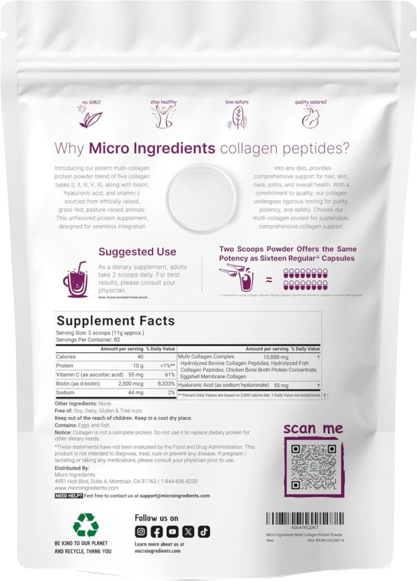 Micro Ingredients Marine Collagen Peptides Powder, 1 lb | Type I Marine Collagen + Natural Protein | Wild-Caught Fish Source | Unflavored | Supports Hair, Skin & Joint Health | Pescatarian, Non-GMO