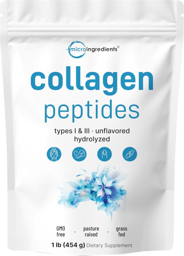 Micro Ingredients Marine Collagen Peptides Powder, 1 lb | Type I Marine Collagen + Natural Protein | Wild-Caught Fish Source | Unflavored | Supports Hair, Skin & Joint Health | Pescatarian, Non-GMO