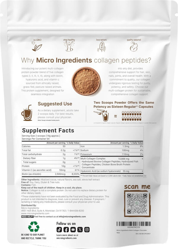 Micro Ingredients Marine Collagen Peptides Powder, 1 lb | Type I Marine Collagen + Natural Protein | Wild-Caught Fish Source | Unflavored | Supports Hair, Skin & Joint Health | Pescatarian, Non-GMO