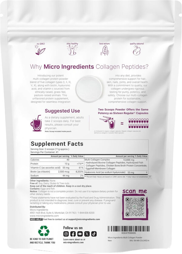 Micro Ingredients Marine Collagen Peptides Powder, 1 lb | Type I Marine Collagen + Natural Protein | Wild-Caught Fish Source | Unflavored | Supports Hair, Skin & Joint Health | Pescatarian, Non-GMO