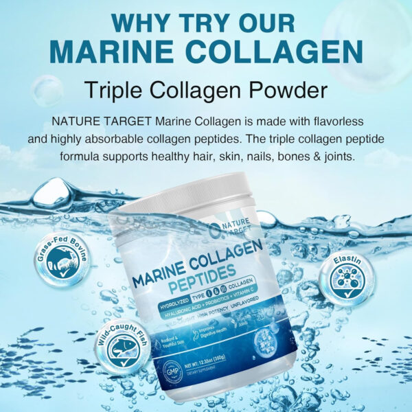 NATURE TARGET Marine Collagen Peptides Powder - Type I & III Collagen with Probiotics, Vitamin C & Hyaluronic Acid for Skin, Hair, Nails, Wild-Caught Fish & Grass-Fed Bovine, 35 Servings