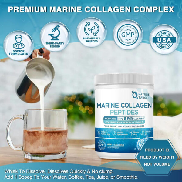 NATURE TARGET Marine Collagen Peptides Powder - Type I & III Collagen with Probiotics, Vitamin C & Hyaluronic Acid for Skin, Hair, Nails, Wild-Caught Fish & Grass-Fed Bovine, 35 Servings