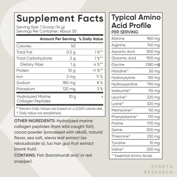 68958a3f7d8c073d0ddfdf782e40481b91f475c35c75b3af81bbb.jpg Sports Research Marine Collagen Peptides Powder - Sourced from Wild-Caught Fish, Pescatarian Friendly, Keto Certified & Non-GMO Verified - Easy to Mix in Water or Juice! (34 Servings)