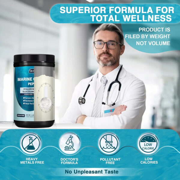 68958a7264d76c71b67f0266a66149ff190991bae61e53a9f698e.jpg DRFOSTER Marine Collagen Peptides Powder with MSM + GC, Multi Type I & III Collagen with Hyaluronic Acid, Vitamin C & E for Skin, Hair & Nails, Wild-Caught Fish, 50 Servings