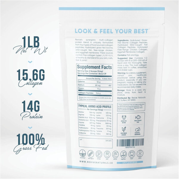 Multi Collagen Hydrolyzed Protein Powder (16oz) - Types I, II, III, V & X - Grass Fed Bovine (Peptan®), Wild Caught Marine, Free Roaming Chicken & Eggshell Collagen Peptides, Non-GMO, GF.