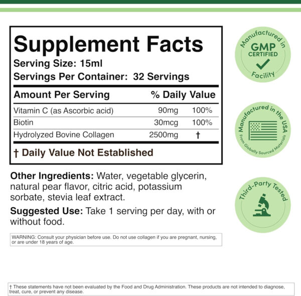 68958acc1925caa4458dd313db81695253fefbba5378fcb729130.jpg Double Wood Supplements Liquid Collagen - 2500mg of Hydrolyzed Bovine Collagen (Type 1, 3 and Grassfed) - 32 Servings - for Women and Men - 30 mcg of Biotin - Sugar Free Pear Flavor