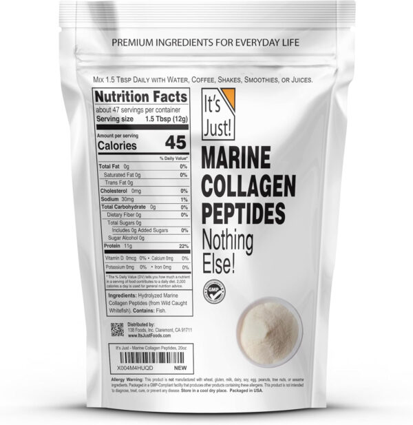 68958afd97f15d0d7f45e513feed34c609c20896b9d71ab06b8e1.jpg It's Just! - Marine Collagen Peptides Types I & III, Whitefish Source, Tested for Heavy Metals, Gluten Free, Non-GMO, No Added Flavor, Unflavored, 20oz