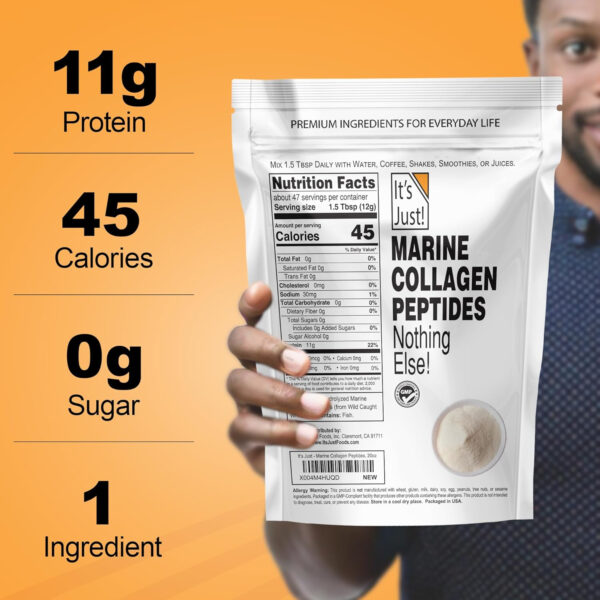 68958afef327b4402084116c3b3be4821771bcc81b9354479a02b.jpg It's Just! - Marine Collagen Peptides Types I & III, Whitefish Source, Tested for Heavy Metals, Gluten Free, Non-GMO, No Added Flavor, Unflavored, 20oz