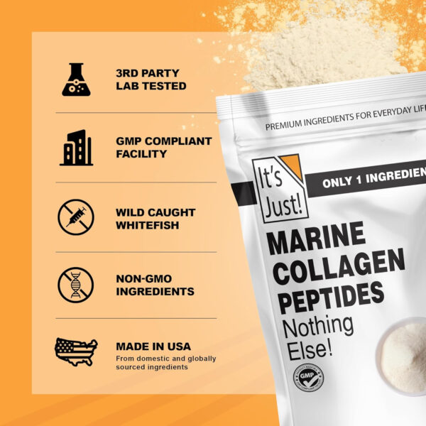 68958b0069de50bb4691fa6ecf37e8e002a69684e12144a744857.jpg It's Just! - Marine Collagen Peptides Types I & III, Whitefish Source, Tested for Heavy Metals, Gluten Free, Non-GMO, No Added Flavor, Unflavored, 20oz