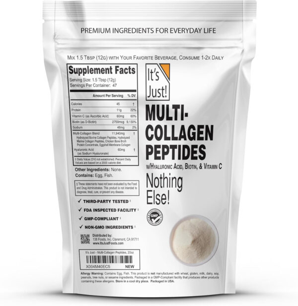 68958b0d824a06ffffedc36ddd21f8fffd23bf15073105ad33081.jpg It's Just! - Marine Collagen Peptides Types I & III, Whitefish Source, Tested for Heavy Metals, Gluten Free, Non-GMO, No Added Flavor, Unflavored, 20oz